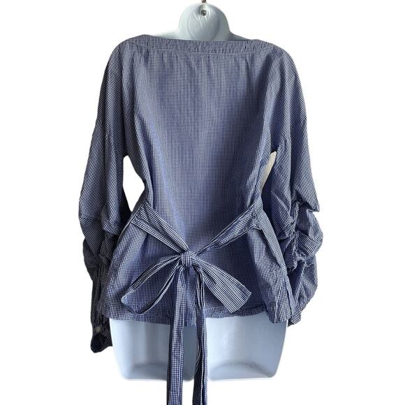 Max‎ Jeans Women Top S Blue Small Checkered Tiered Puff Sleeve Back Tie Preppy - Picture 3 of 14